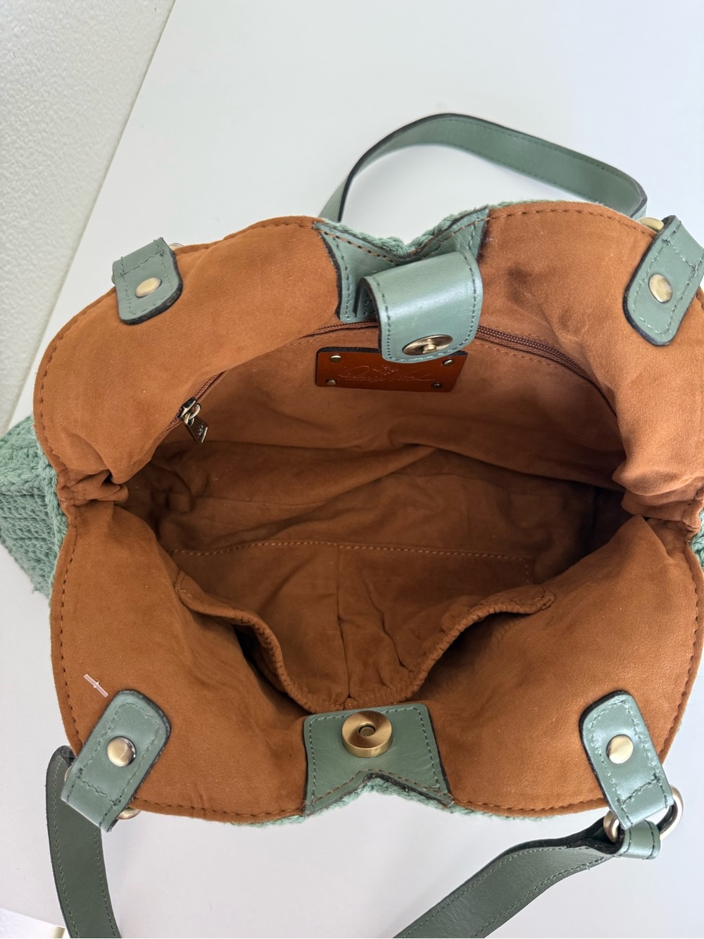 Patricia Nash Marti Diamond Crochet Shoulder Bag Sage Green Cotton | Leather - Picture 10 of 14